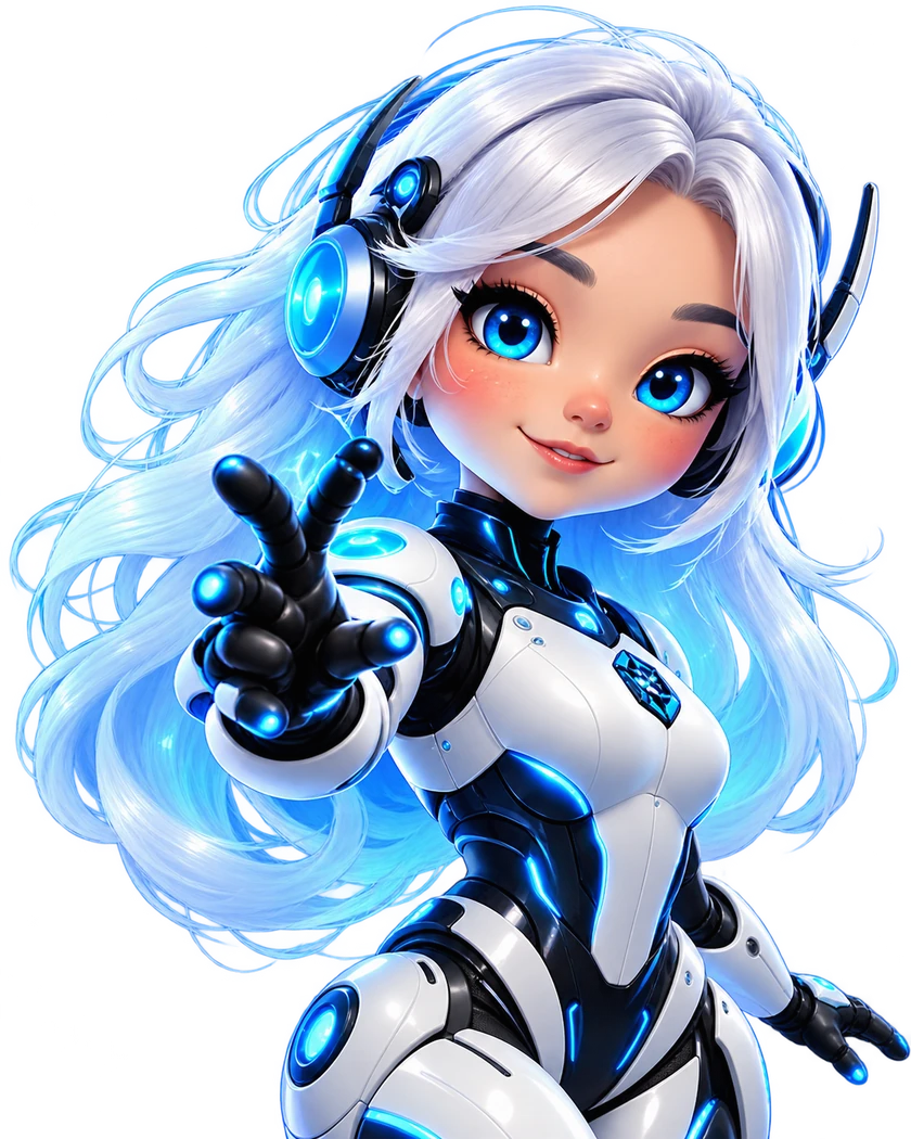 Nova, le manager IA de FCDesign AI, personnage aux cheveux blancs en combinaison blanche et bleue