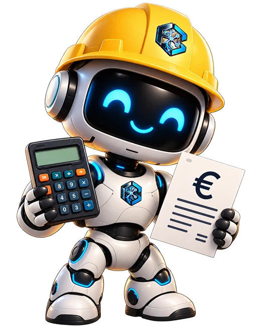 Oscar, robot chargé des devis, calculatrice et devis en main